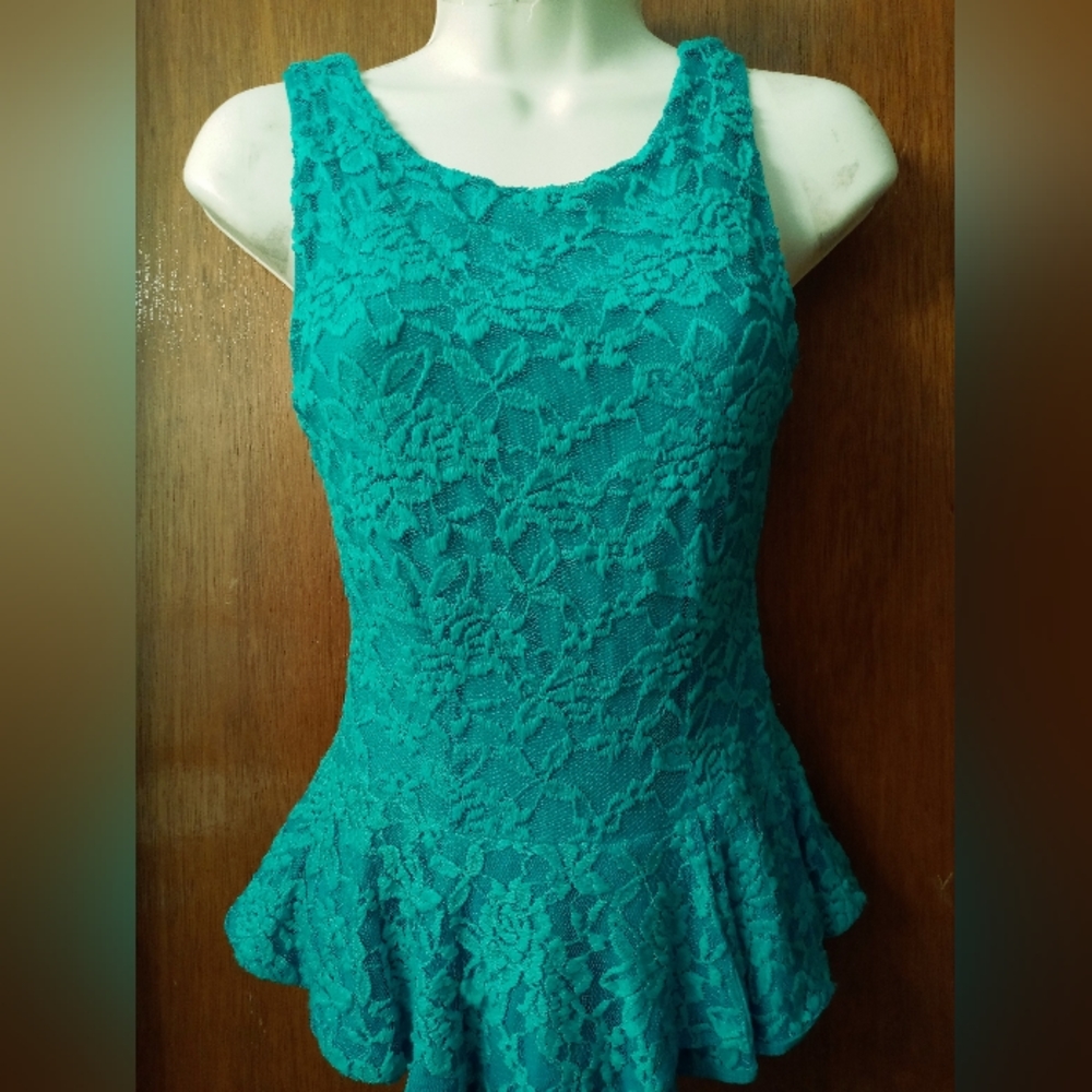 Bebe Lace Peplum Teal-Green Top XS